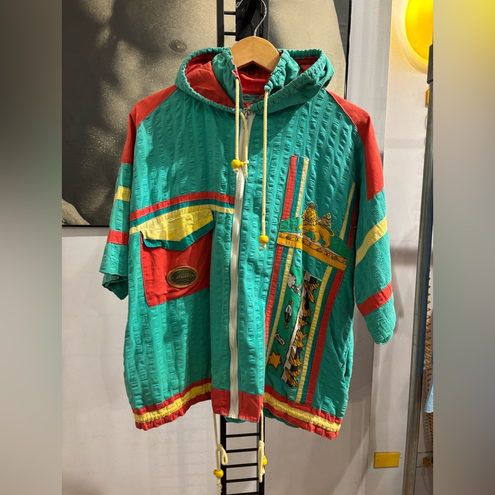 Vintage 90s Disan Brand Short Sleeve Hoodie with Afrocentric Patches
